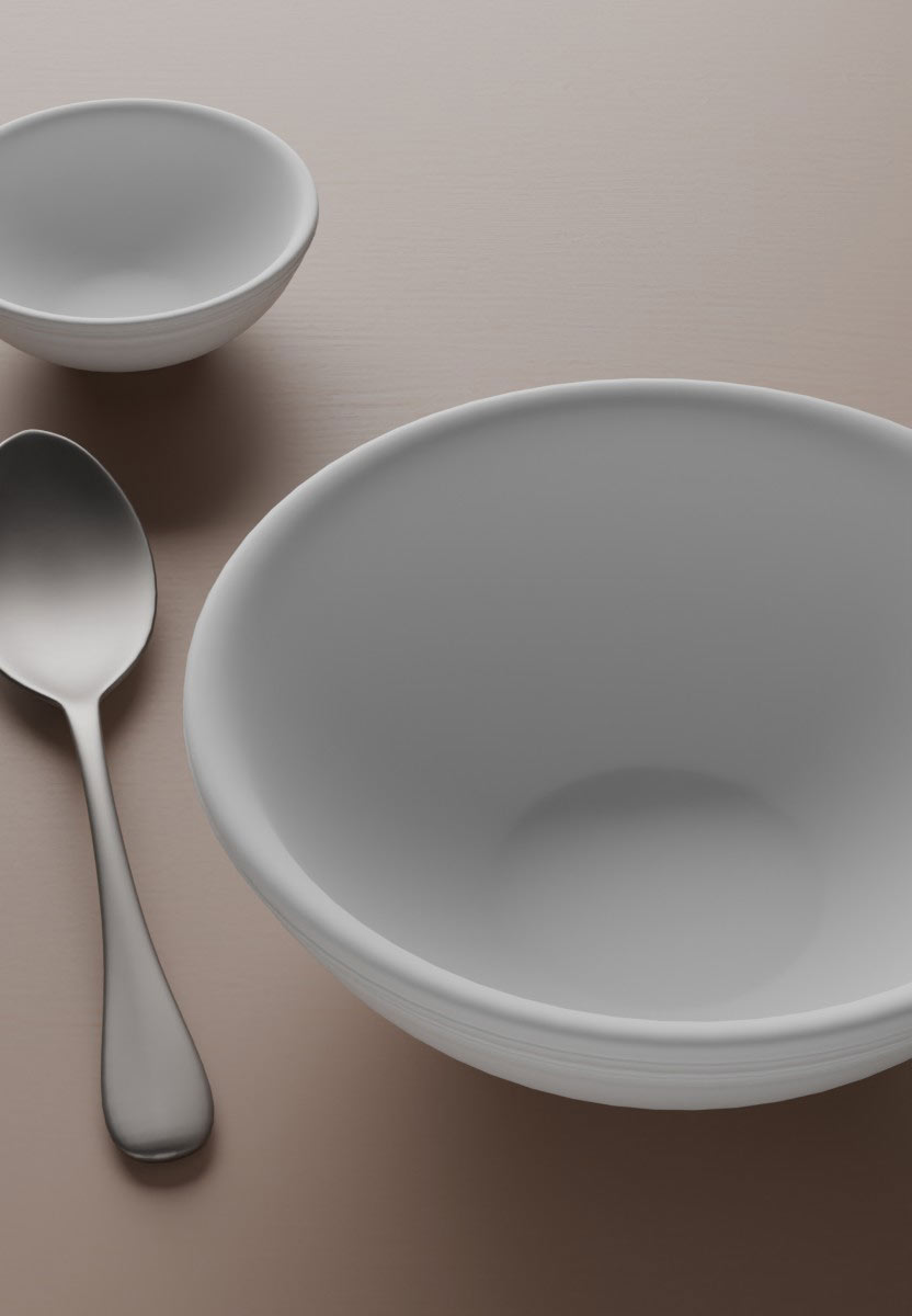Blender render: plain grey bowls and spoon on a flat surface