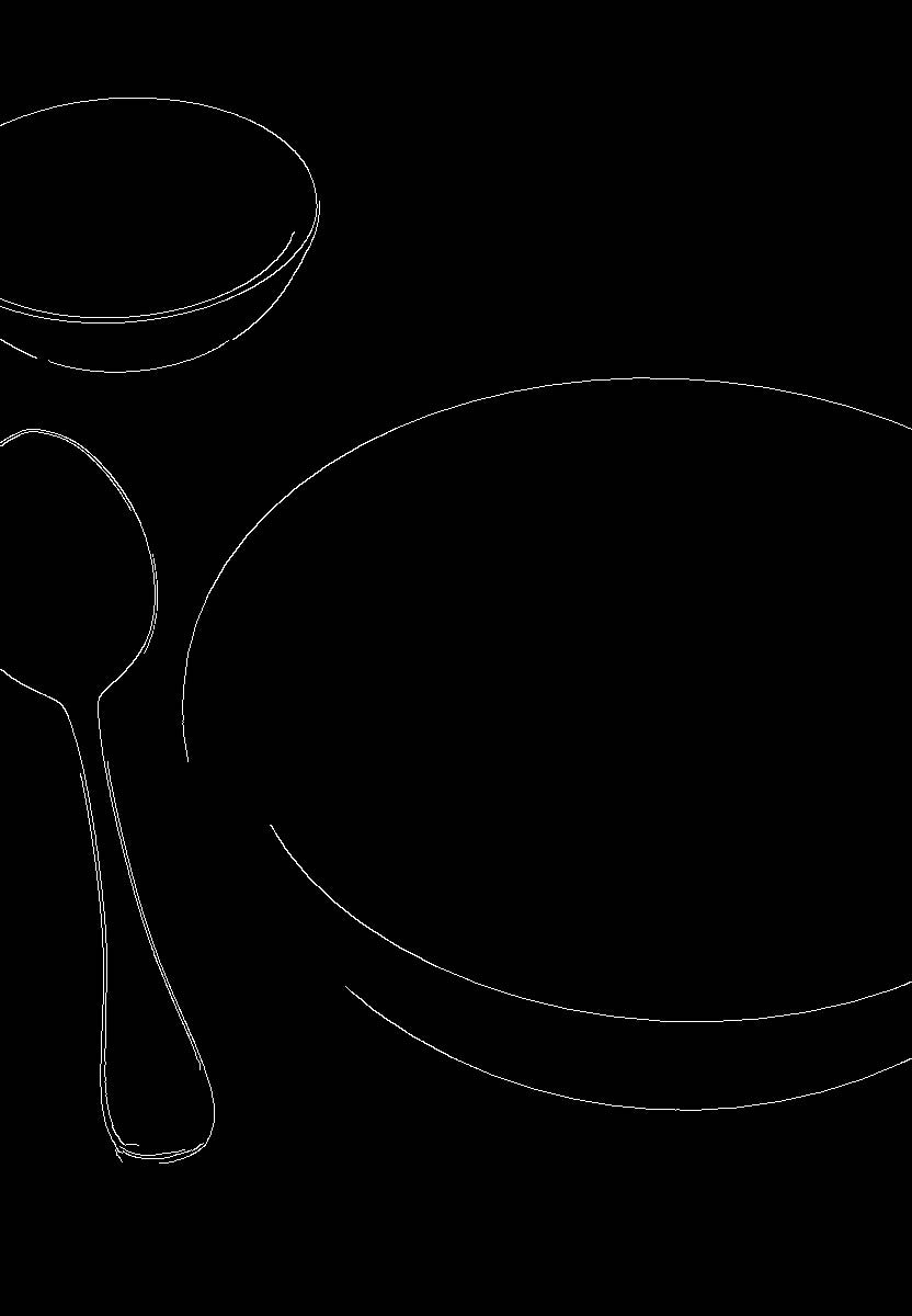 Canny edge map computed in ComfyUI: white outlines of bowls and spoon on black