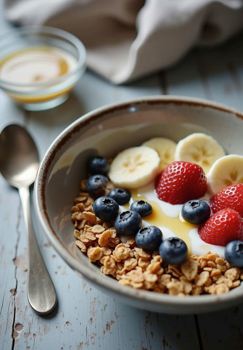Final image: breakfast bowl with granola, yoghurt, berries and banana, honey bowl and spoon