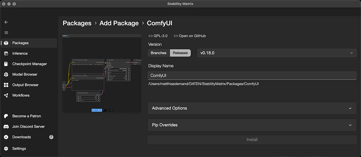 Stability Matrix — ComfyUI package installation